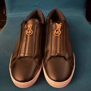Michael Kors Black Leather Slip-On Sneakers with Gold MK Zip Pulls